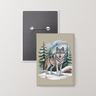 Retro Winter Wolf Watercolor 90's Wilderness Natur Button