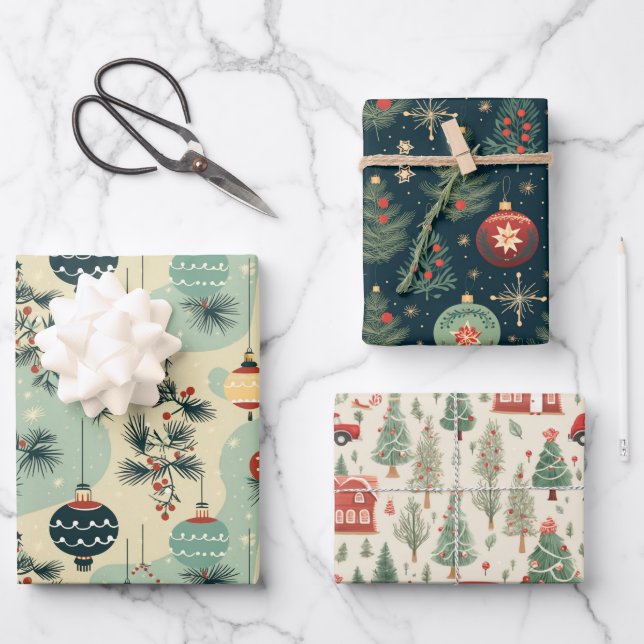 Retro Winter Wonderland Christmas Tree Gift Wrapping Paper Sheets (Front)