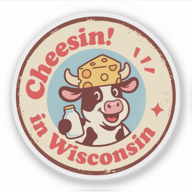 Retro Wisconsin Badge_ Cartoon Cow in Cheese Hat Sticker (Front)