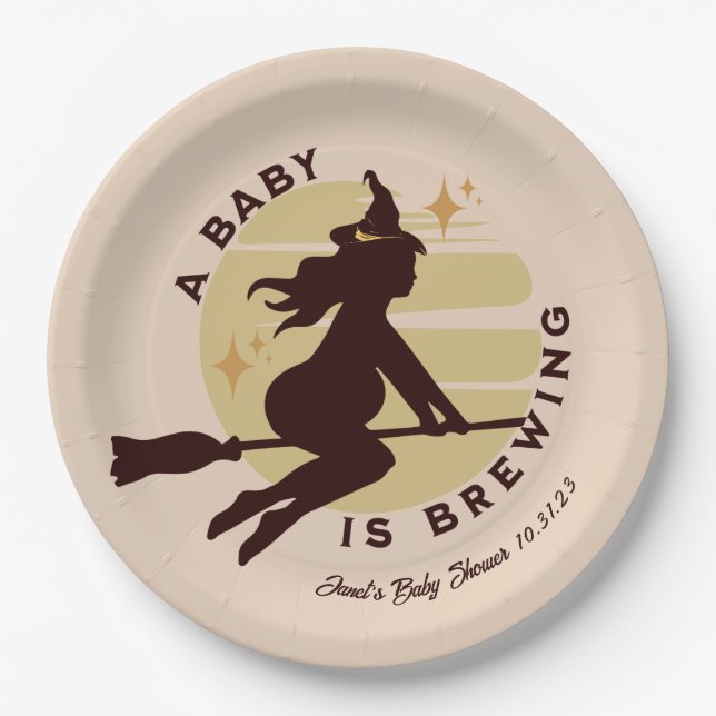Retro Witch Baby is Brewing Baby Shower   Paper Plates (Front)