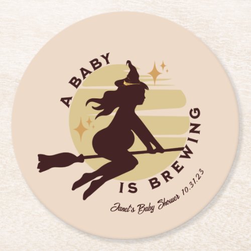 Retro Witch Baby is Brewing Baby Shower    Round Paper Coaster