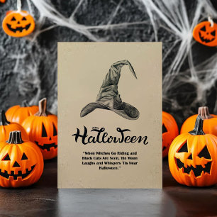 Retro Witch Hat Black Cat Moon Happy Halloween Letterpress Thank You Card