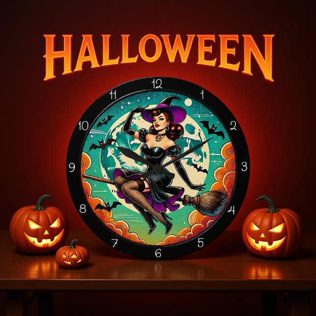 Retro Witch On Broom Large Clock (Creator Uploaded)