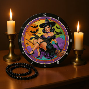 Retro Witch Orange Moon Large Clock