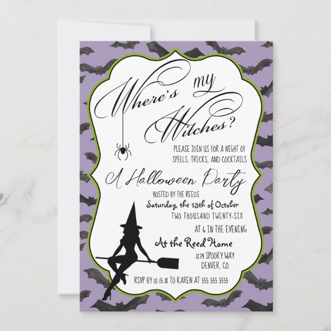 Retro Witch Purple Halloween Party Invite (Front)