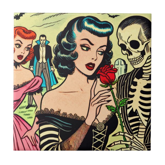 Retro Witch Vampire Girl Horror Comics Ceramic Tile (Front)