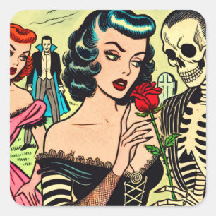 Retro Witch Vampire Girl Horror Comics Square Sticker