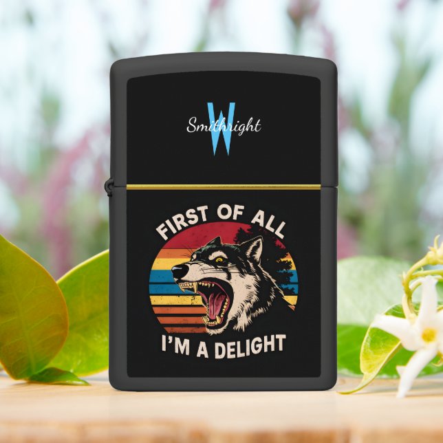Retro Wolf Sunset Delight Zippo Lighter (On Table)