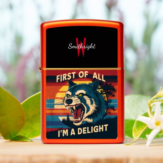 Retro Wolf Sunset Delight Zippo Lighter (On Table)