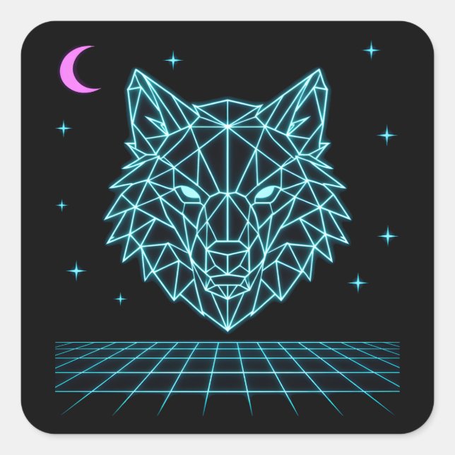 Retro Wolf Synthwave - Neon Night Howler Square Sticker (Front)