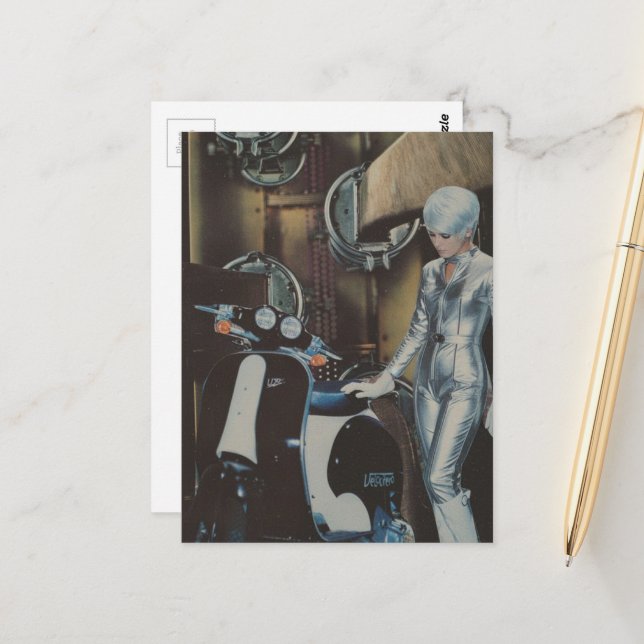 Retro Woman and a Scooter Collage Postcard (Front/Back In Situ)