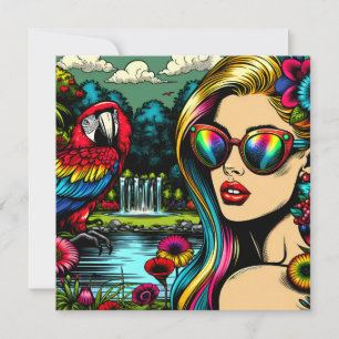 Retro Woman and Parrot in the Park Pop Art Card