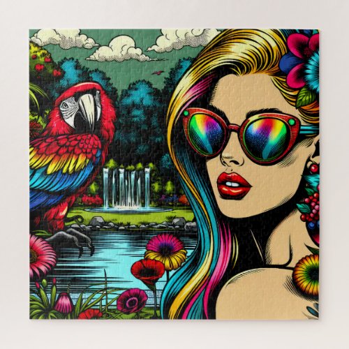 Retro Woman and Parrot in the Park Pop Art  Jigsaw Puzzle