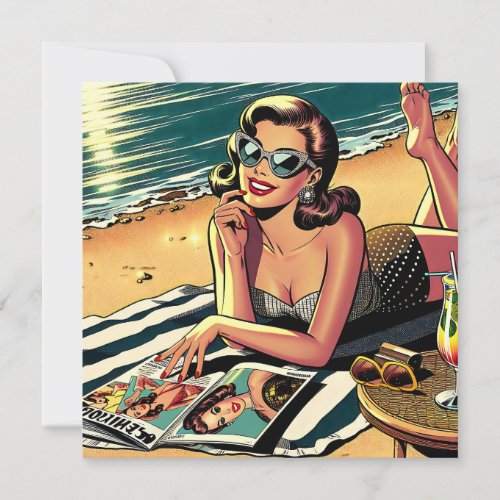 Retro Woman at Beach reading a Fashion Magazine Card