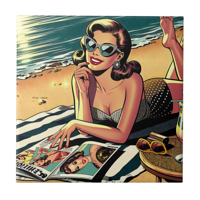 Retro Woman at Beach reading a Fashion Magazine Ceramic Tile (Front)