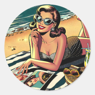 Retro Woman at Beach reading a Fashion Magazine Classic Round Sticker