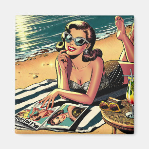 Retro Woman at Beach reading a Fashion Magazine Magnet