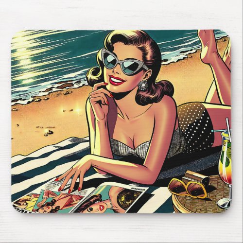 Retro Woman at Beach reading a Fashion Magazine Mouse Pad