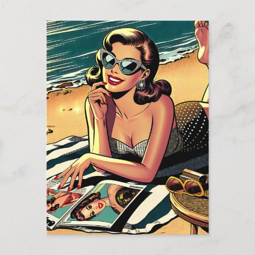 Retro Woman at Beach reading a Fashion Magazine Postcard