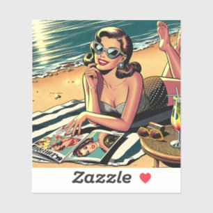 Retro Woman at Beach reading a Fashion Magazine Sticker