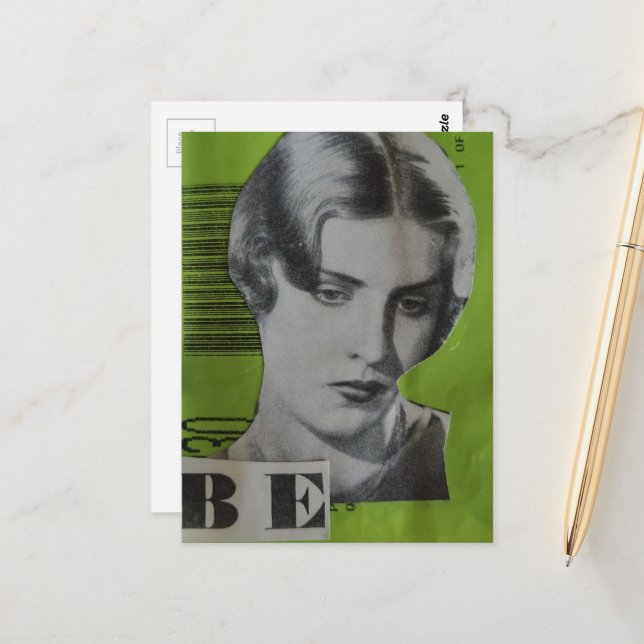 Retro Woman Be on Green Mixed Media Collage Postcard (Front/Back In Situ)