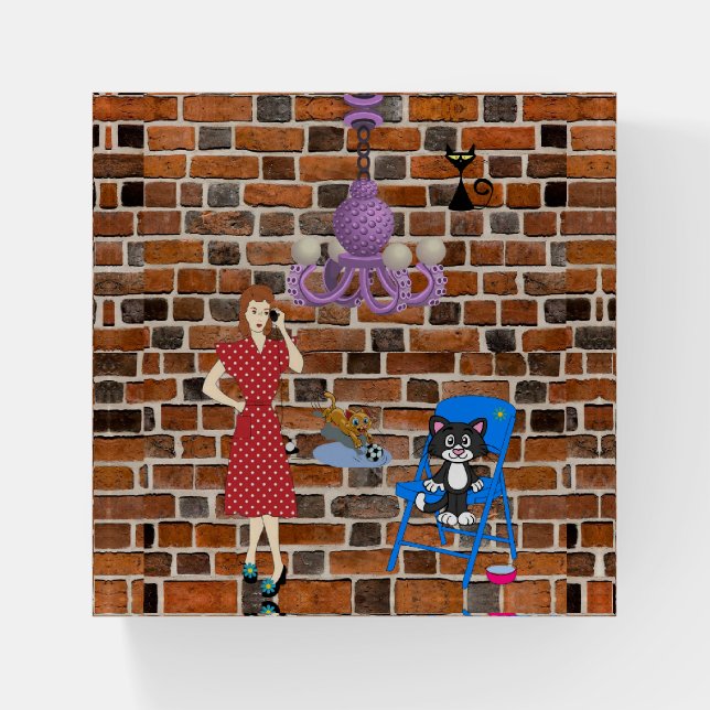 Retro Woman Cat Brick  Paperweight (Front)