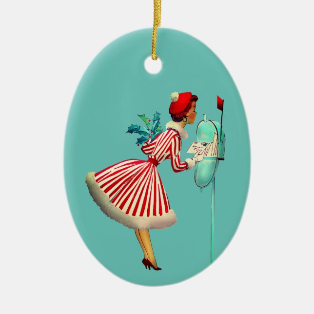 Retro Woman Checking Mail Ceramic Ornament (Front)