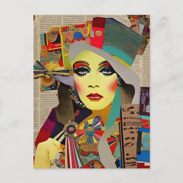 Retro Woman Colorful Mixed Media Collage Abstract Postcard (Front)