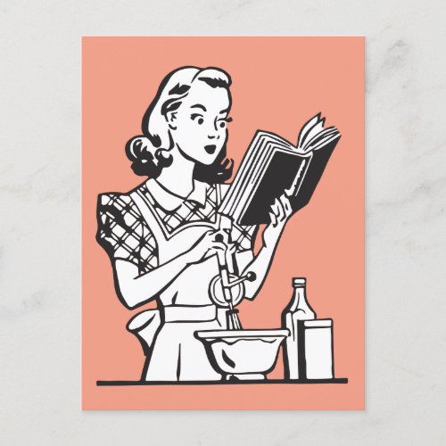 Retro woman cooking funny 1950s postcard