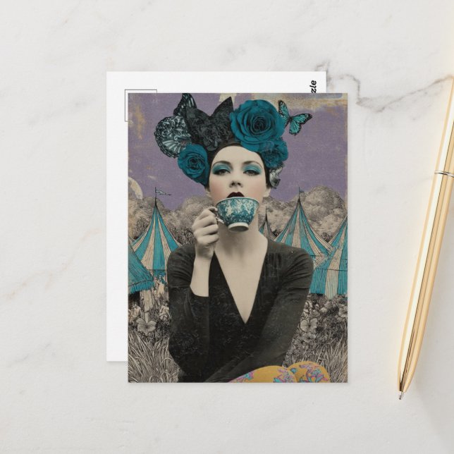 Retro Woman Drinks Tea at the Circus Postcard (Front/Back In Situ)