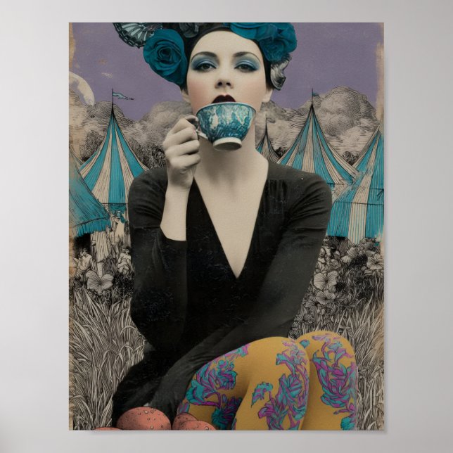 Retro Woman Drinks Tea at the Circus Poster (Front)