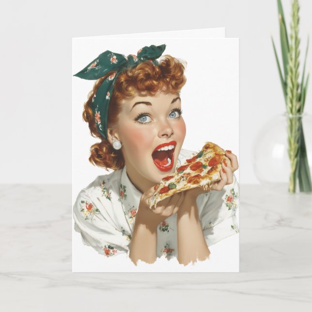 Retro Woman Enjoying Pizza Slice Card (Front)
