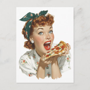 Retro Woman Enjoying Pizza Slice Postcard