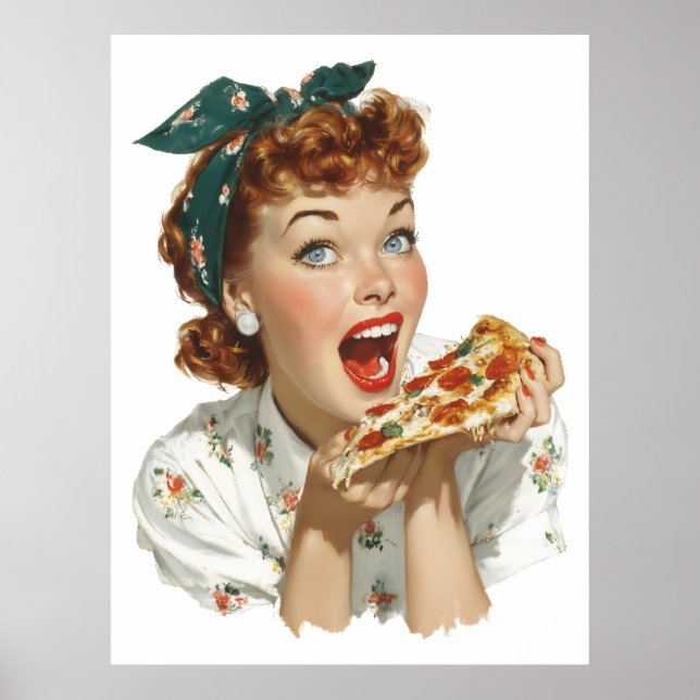 Retro Woman Enjoying Pizza Slice Poster (Front)
