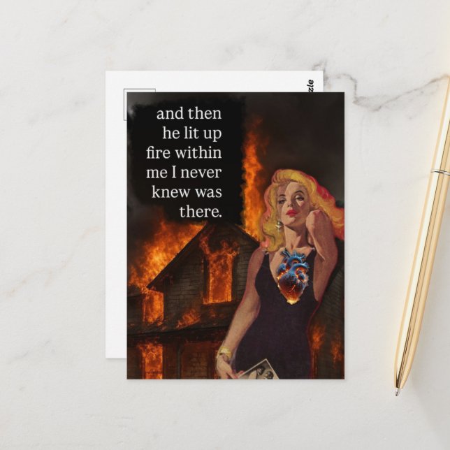 Retro Woman Fire Within House on Fire Collage Postcard (Front/Back In Situ)