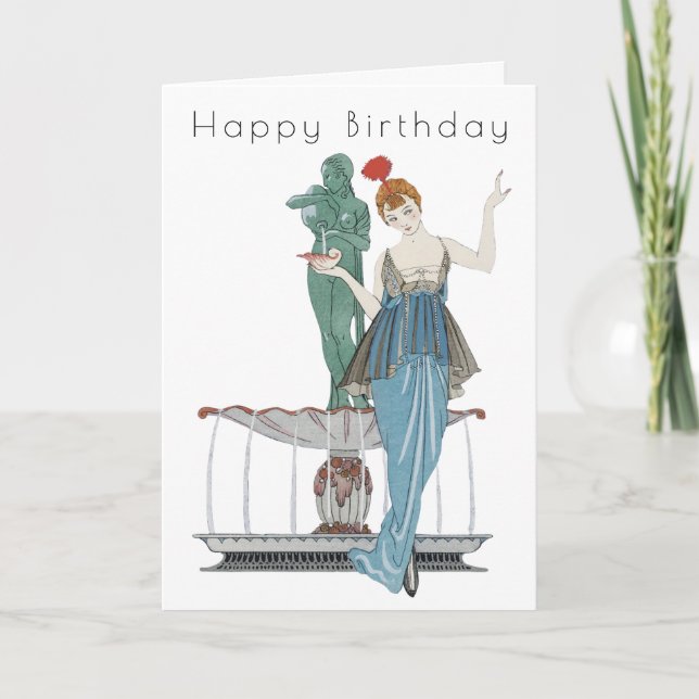 Retro Woman Fountain Art Deco Birthday Card (Front)