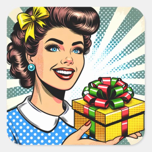  Retro Woman Holding a Birthday or Christmas Gift Square Sticker