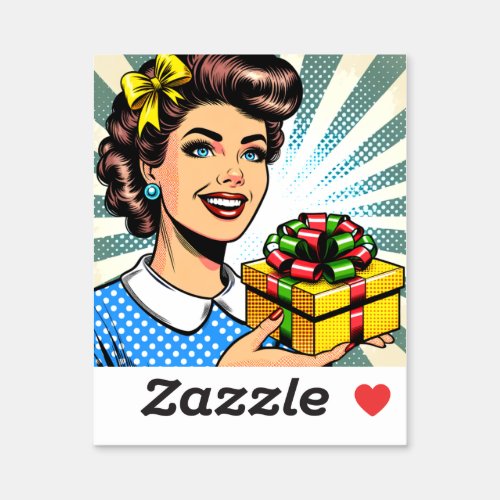  Retro Woman Holding a Birthday or Christmas Gift Sticker