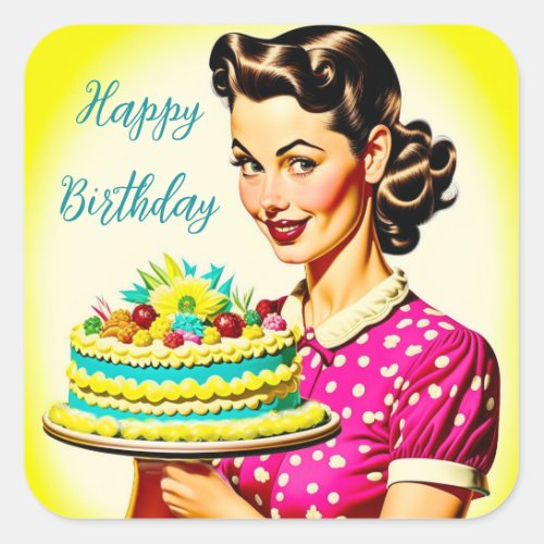 Retro Woman holding a Vintage Cake Husbands Bday Square Sticker