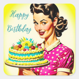 Retro Woman holding a Vintage Cake Husband's Bday Square Sticker