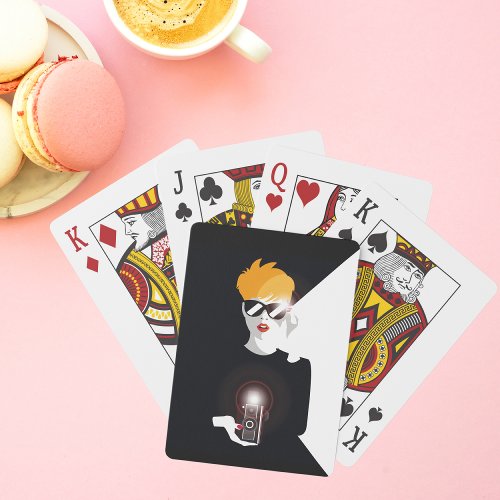 Retro Woman Holding Camera Pop Art Poker Cards