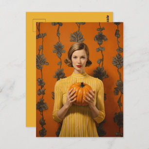 Retro Woman Holding Pumpkin Postcard