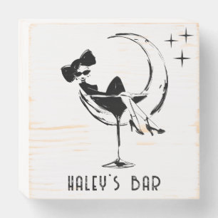 Retro Woman in Martini Glass Bar  Wooden Box Sign