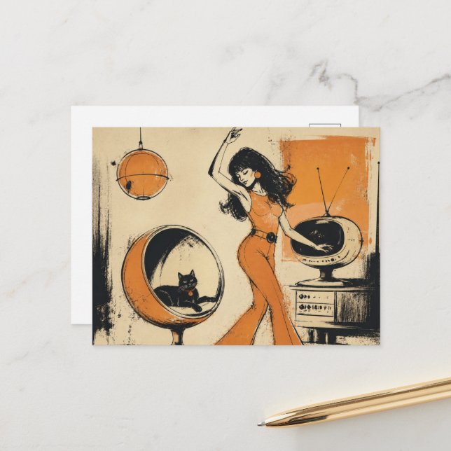 Retro Woman in Orange Dances With Black Cat Postcard (Front/Back In Situ)