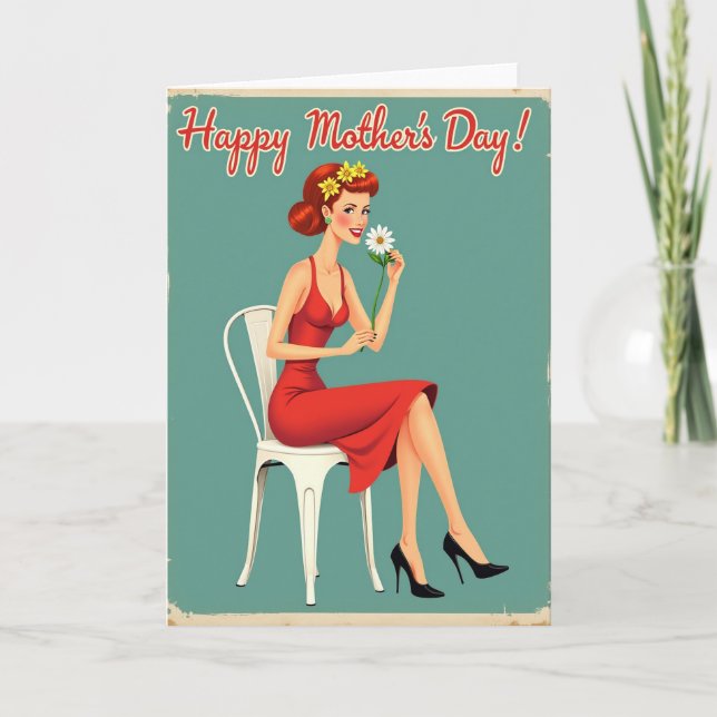 Retro Woman In Red Mothers Day Card (Front)