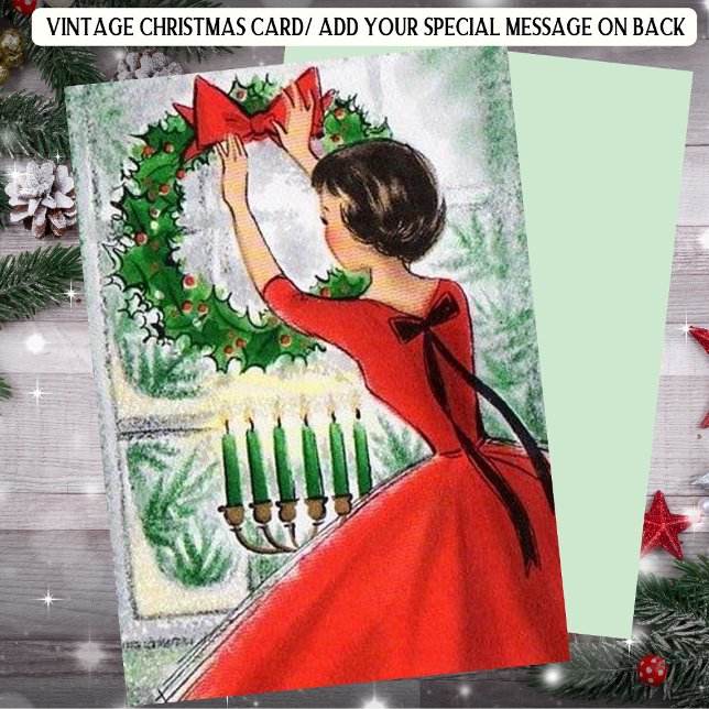 Retro Woman in Red Wreath Christmas Holiday Card (Creator Uploaded)