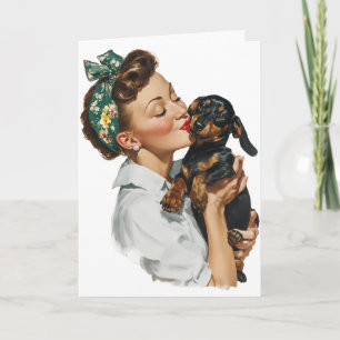 Retro Woman Kissing Cute Dachshund Card