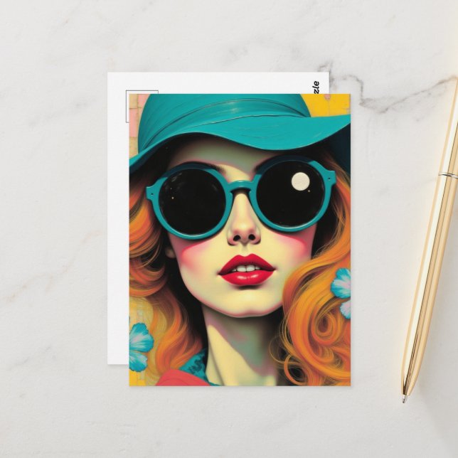 Retro Woman Matching Sunglasses and Hat Postcard (Front/Back In Situ)