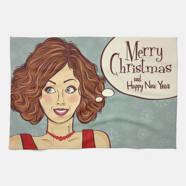 Retro Woman Merry Christmas Kitchen Towel (Horizontal)