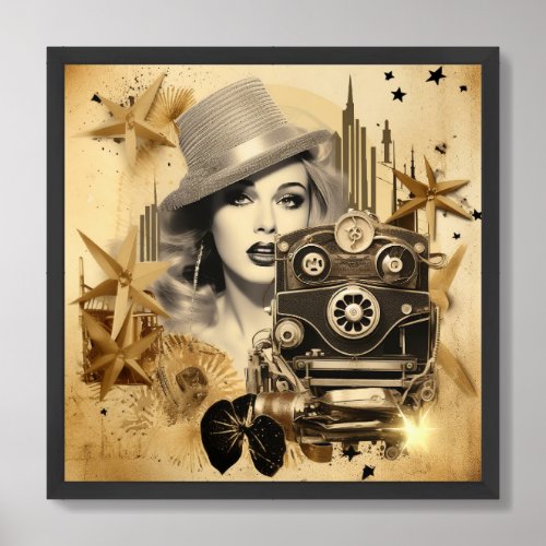 Retro woman movie star and camera sepia colors framed art